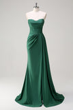 Glitter Dark Green Mermaid Strapless Ruched Corset Long Prom Dress with Streamer