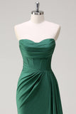 Glitter Dark Green Mermaid Strapless Ruched Corset Long Prom Dress with Streamer