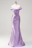 Sparkly Lilac Mermaid Off The Shoulder Ruched Long Prom Dress