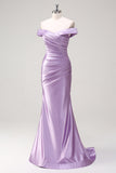 Sparkly Lilac Mermaid Off The Shoulder Ruched Long Prom Dress