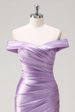 Sparkly Lilac Mermaid Off The Shoulder Ruched Long Prom Dress