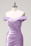 Sparkly Lilac Mermaid Off The Shoulder Ruched Long Prom Dress