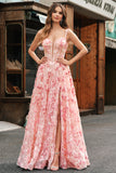 Pink A-Line Off The Shoulder Corset 3D Butterflies Floral Prom Dress with Slit