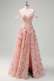 Princess Off The Shoulder Pink Floral Corset Long Prom Dress with Slit