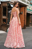 Princess Off The Shoulder Pink Floral Corset Long Prom Dress with Slit