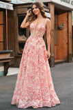 Pink A-Line Off The Shoulder Corset 3D Butterflies Floral Prom Dress with Slit