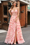 Pink A-Line Off The Shoulder Corset 3D Butterflies Floral Prom Dress with Slit