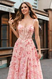 Pink A-Line Off The Shoulder Corset 3D Butterflies Floral Prom Dress with Slit