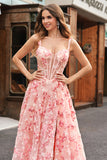 Pink A-Line Off The Shoulder Corset 3D Butterflies Floral Prom Dress with Slit