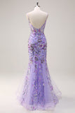 Sparkly Purple Mermaid V Neck Backless Corset Long Prom Dress with Sequins