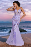 Sparkly Purple Mermaid V Neck Backless Corset Long Prom Dress with Sequins