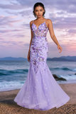 Sparkly Purple Mermaid V Neck Backless Corset Long Prom Dress with Sequins