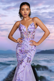 Sparkly Purple Mermaid V Neck Backless Corset Long Prom Dress with Sequins