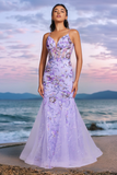 Sparkly Purple Mermaid V Neck Backless Corset Long Prom Dress with Sequins