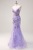 Sparkly Purple Mermaid V Neck Backless Corset Long Prom Dress with Sequins