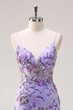 Sparkly Purple Mermaid Spaghetti Straps Backless Corset Long Prom Dress with Sequins