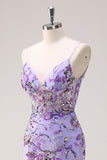 Sparkly Purple Mermaid Spaghetti Straps Backless Corset Long Prom Dress with Sequins