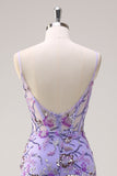 Sparkly Purple Mermaid Spaghetti Straps Backless Corset Long Prom Dress with Sequins