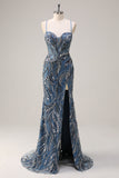 Sparkly Twilight Mermaid Spaghetti Straps Beaded Long Sequin Prom Dress with Slit