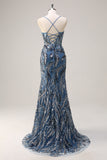 Sparkly Twilight Mermaid Spaghetti Straps Beaded Long Sequin Prom Dress with Slit