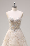 Light Champagne Princess Sweetheart Corset Long Floral Prom Dress with Sequins