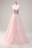 Sparkly Princess Strapless Corset Floral Pink Long Prom Dress With Sequins