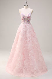 Sparkly Princess Pink Sweetheart Floral Corset Long Prom Dress With Sequins