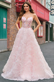 Sparkly Princess Pink Sweetheart Floral Corset Long Prom Dress With Sequins