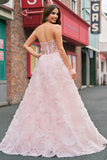 Sparkly Princess Pink Sweetheart Floral Corset Long Prom Dress With Sequins