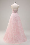 Sparkly Princess Strapless Corset Floral Pink Long Prom Dress With Sequins