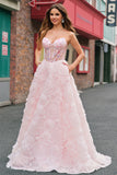 Sparkly Princess Strapless Corset Floral Pink Long Prom Dress With Sequins