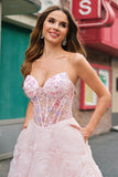 Sparkly Princess Strapless Corset Floral Pink Long Prom Dress With Sequins