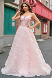 Sparkly Princess Strapless Corset Floral Pink Long Prom Dress With Sequins