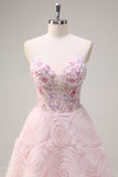 Sparkly Princess Pink Sweetheart Floral Corset Long Prom Dress With Sequins