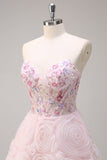 Sparkly Princess Pink Sweetheart Floral Corset Long Prom Dress With Sequins