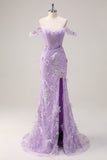 Sparkly Lilac Mermaid Off The Shoulder Corset Long Prom Dress with 3D Flowers