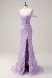 Sparkly Lilac Mermaid Off The Shoulder Corset Long Prom Dress with 3D Flowers