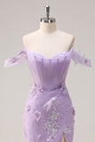 Sparkly Lilac Mermaid Off The Shoulder Corset Long Prom Dress with 3D Flowers