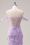 Sparkly Lilac Mermaid Off The Shoulder Corset Long Prom Dress with 3D Flowers