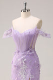 Sparkly Lilac Mermaid Off The Shoulder Corset Long Prom Dress with 3D Flowers