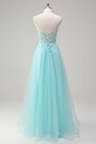 Sky Blue A-Line Spaghetti Straps Sequin Tulle Long Prom Dress with Beading