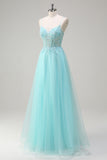 Sky Blue A-Line Spaghetti Straps Sequin Tulle Long Prom Dress with Beading