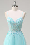 Sky Blue A-Line Spaghetti Straps Sequin Tulle Long Prom Dress with Beading