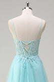 Sky Blue A-Line Spaghetti Straps Sequin Tulle Long Prom Dress with Beading