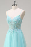 Sky Blue A-Line Spaghetti Straps Sequin Tulle Long Prom Dress with Beading