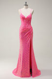 Sparkly Hot Pink Mermaid Spaghetti Straps Corset Sequin Long Prom Dress with Slit