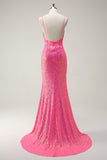 Sparkly Hot Pink Mermaid Spaghetti Straps Corset Sequin Long Prom Dress with Slit