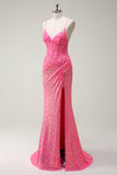 Sparkly Hot Pink Mermaid Spaghetti Straps Corset Sequin Long Prom Dress with Slit