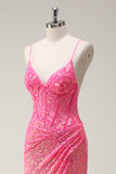 Sparkly Hot Pink Mermaid Spaghetti Straps Corset Sequin Long Prom Dress with Slit