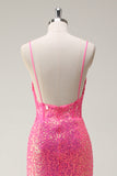 Sparkly Hot Pink Mermaid Spaghetti Straps Corset Sequin Long Prom Dress with Slit